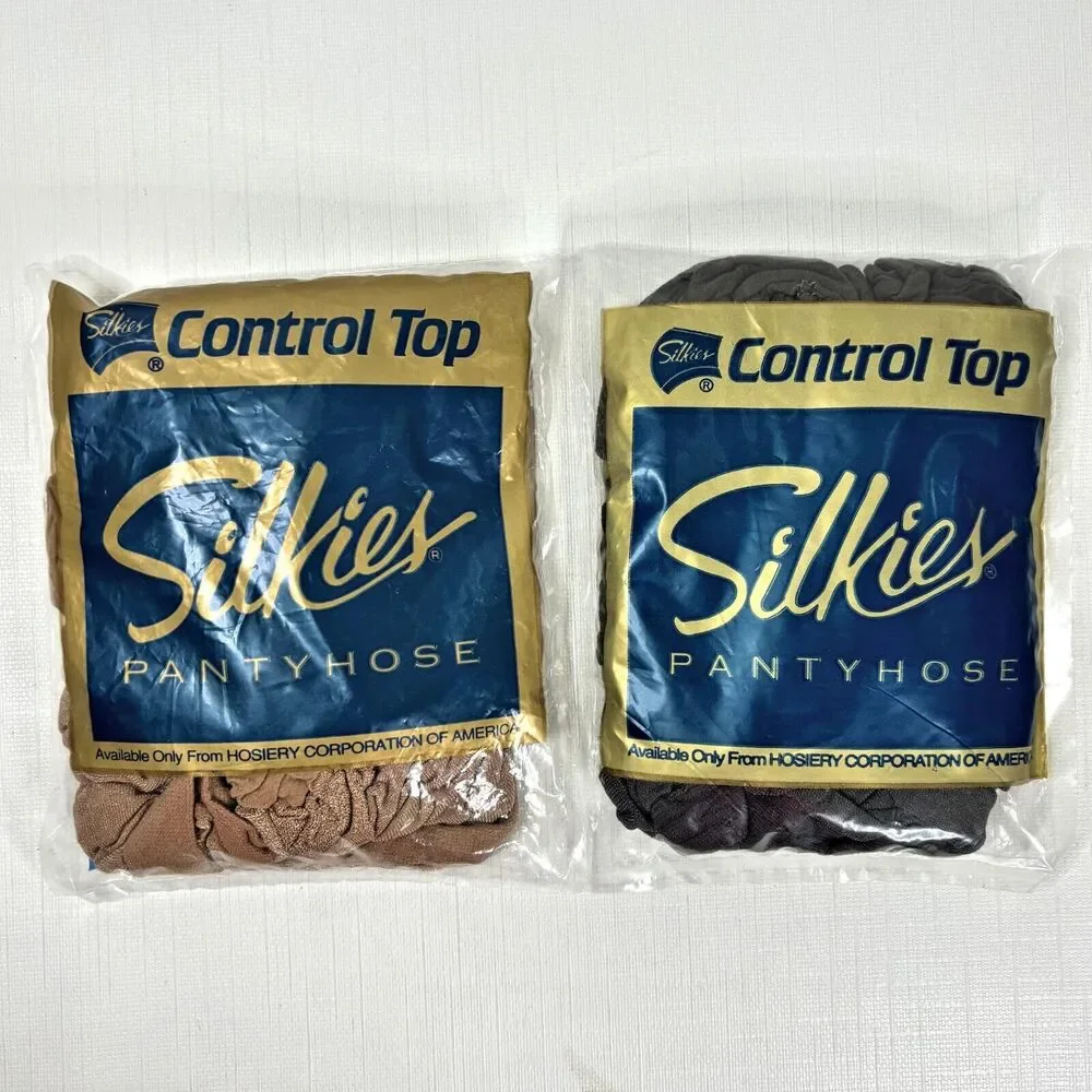 Silkies Medium Control Top Pantyhose Off Black Nude Nylons Made USA 90s Vintage
